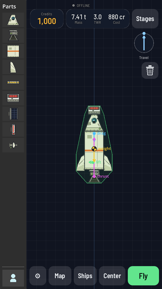 The hangar with a starter rocket on the pad and the part palette open