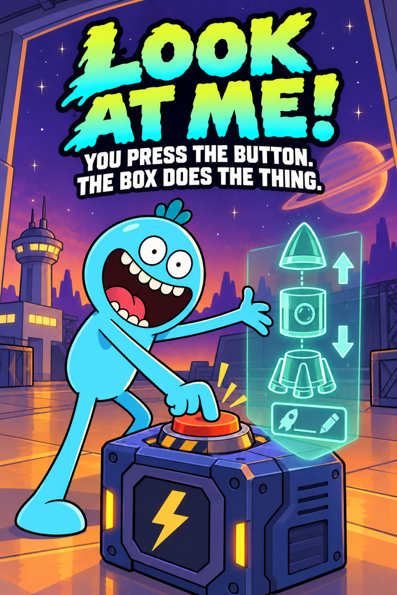 Orbital Frontier key art: a blue Meeseeks slams a big red button on a crate while a hologram of a rocket floats beside it