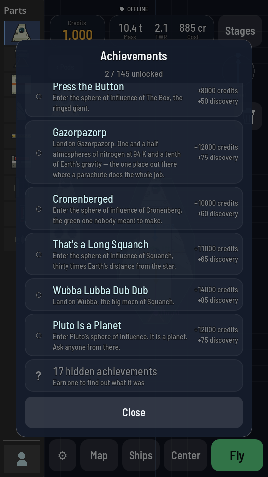 The bottom of the Achievements sheet. Under the last visible rows sits a row marked with a question mark, reading 17 hidden achievements, Earn one to find out what it was.