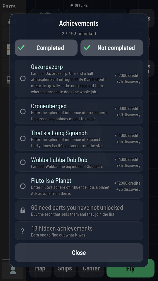 The bottom of the Achievements sheet on a new account. Above the hidden row sits a padlocked row reading 60 need parts you have not unlocked, Buy the tech that sells them and they join the list.
