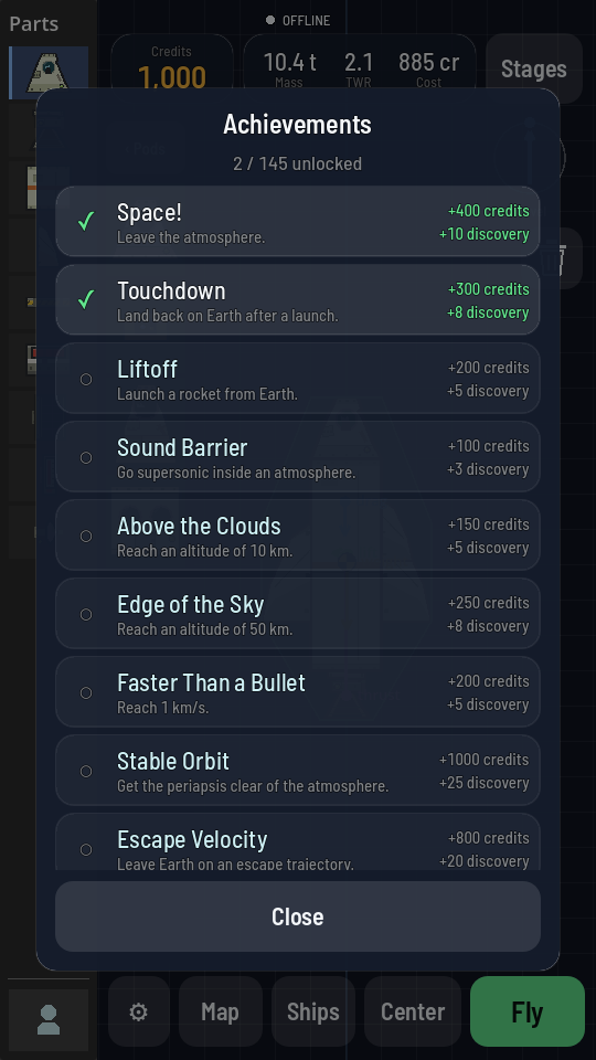 The Achievements sheet, two rows ticked green at the top with their rewards in green, the rest muted below, and the header reading 2 / 147 unlocked.