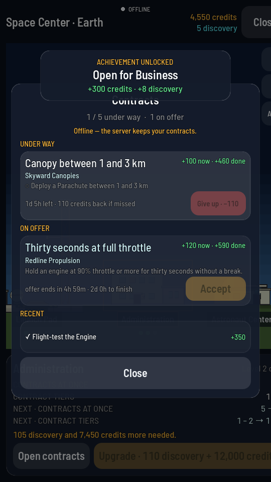 The board with one contract under way, its Cancel button turned red and reading Give up minus 110, and a recent row marked with a tick.