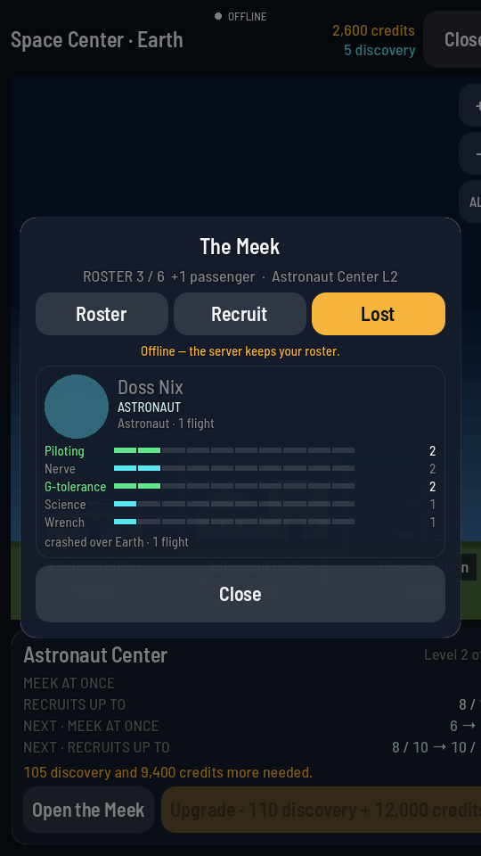 The Lost tab of the Meek sheet: one dimmed card reading Doss Nix, ASTRONAUT, crashed over Earth, 1 flight.