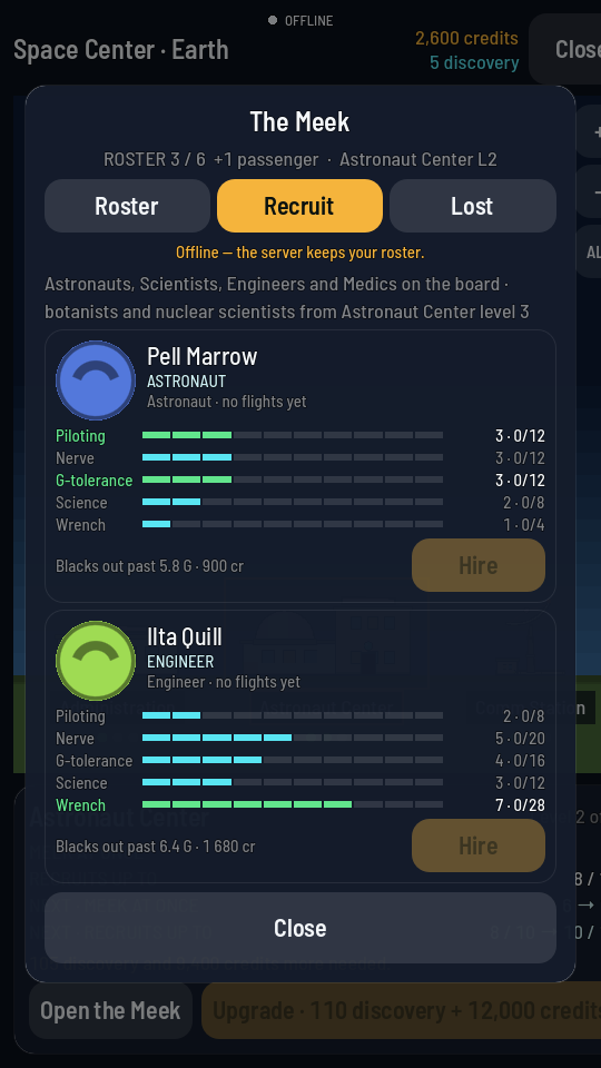 The Recruit tab with two candidate cards, each showing five stat bars, a foot line with the G limit and the price, and a Hire button.