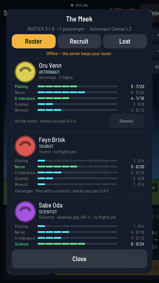 The Meek sheet on the Roster tab: three cards, each with a face, a name, a trade, five stat bars and a line saying what G they black out past.