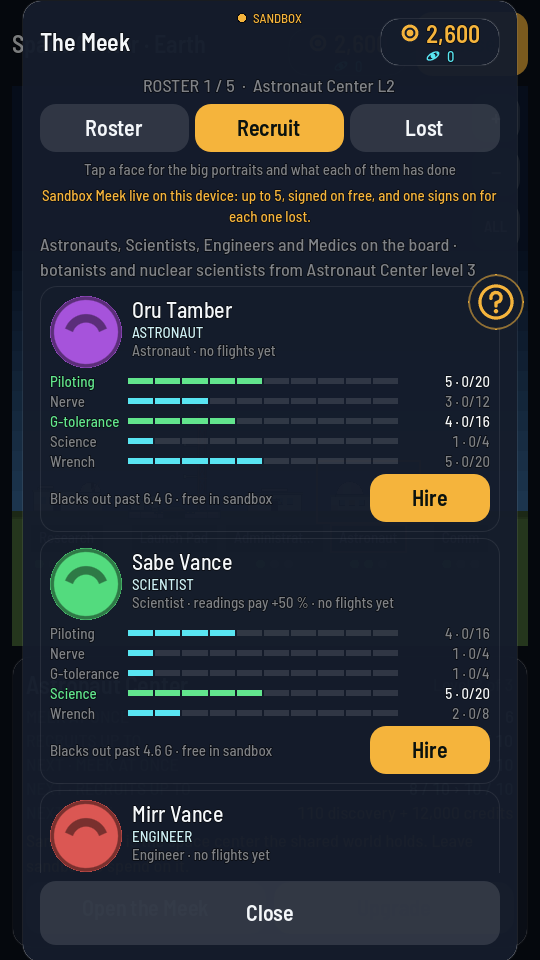 The Meek sheet in sandbox on its Recruit tab: ROSTER 1 / 5 at the top, an amber line saying sandbox Meek live on this device, and candidate cards each marked free in sandbox with an amber Hire button.