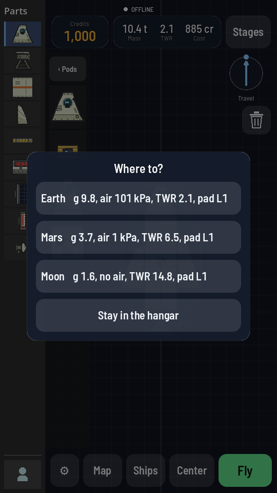 The destination picker headed Where to?, listing Earth, Mars and Moon with each one's gravity, air pressure, the ship's TWR there and its pad level, over a Stay in the hangar row.