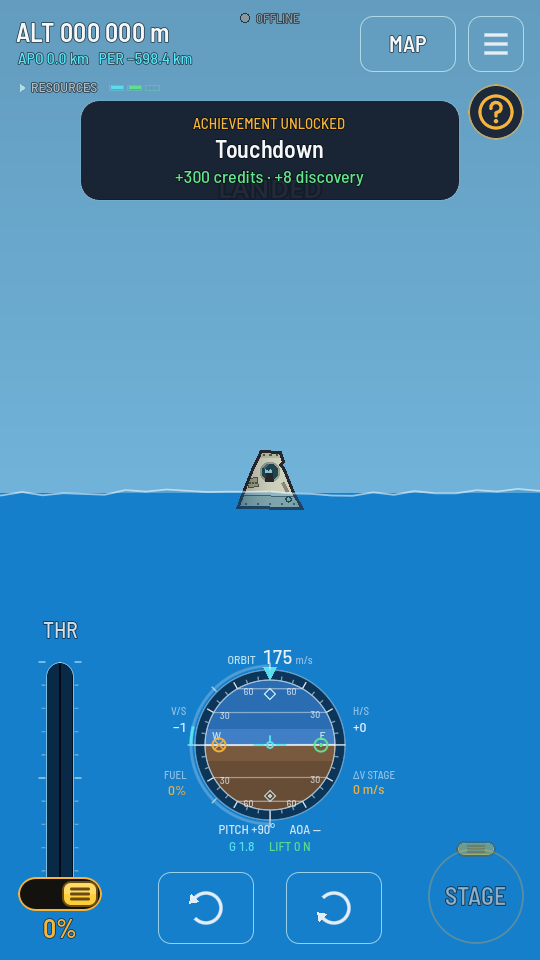A command pod floating upright in a blue sea, its lower half seen through the water below a wavy surface line.