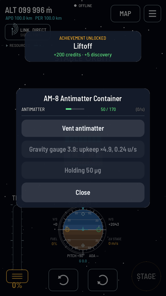A ship 100 km over Earth with the AM-8 Antimatter Container's sheet open: an antimatter bar reading 50 / 170, a Vent antimatter button, and two greyed lines reading Gravity gauge 3.9: upkeep ×4.9, 0.24 u/s and Holding 50 μg.