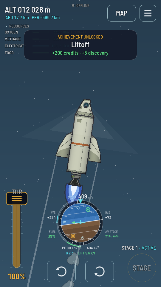 The flight HUD partway up an ascent: altitude and APO/PER top left, the RESOURCES panel folded under them, the navball reading ORBIT speed with V/S, H/S, fuel and stage delta-v around it, pitch, angle of attack, G and lift below, STAGE 1 ACTIVE, and the two turn buttons at the bottom.