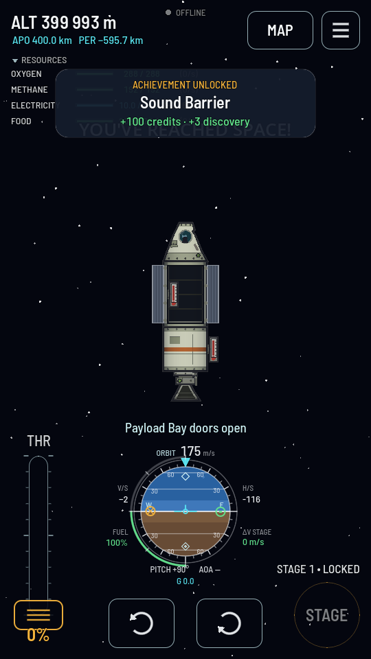 The same satellite with the payload bay doors swung open, two instruments now visible on the rails inside, and a toast reading Payload Bay doors open.