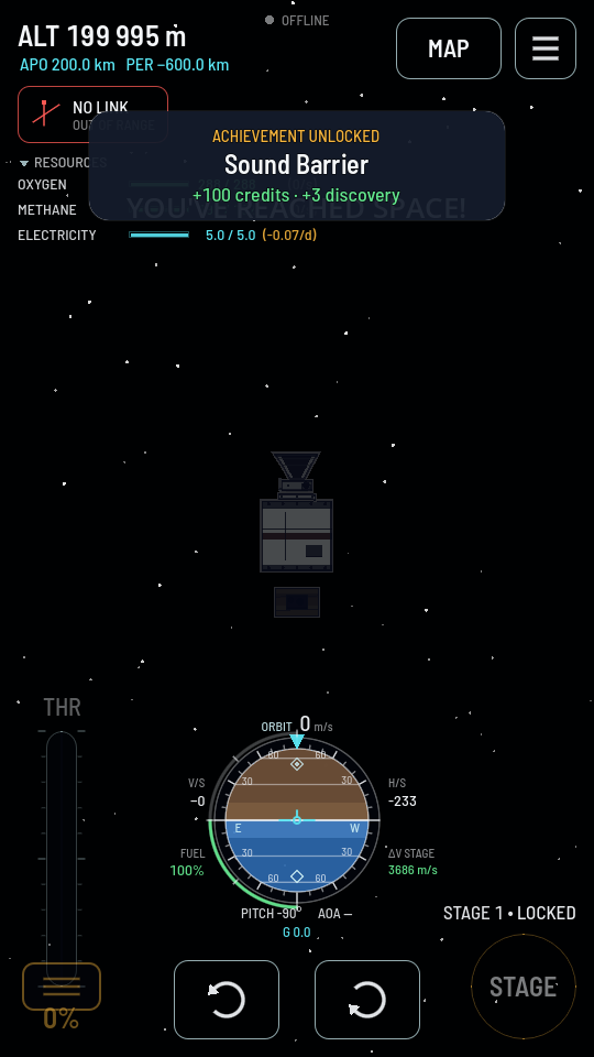 A flight screen with a red NO LINK chip in the top left, a bar drawn through its mast, and the second line reading OUT OF RANGE.