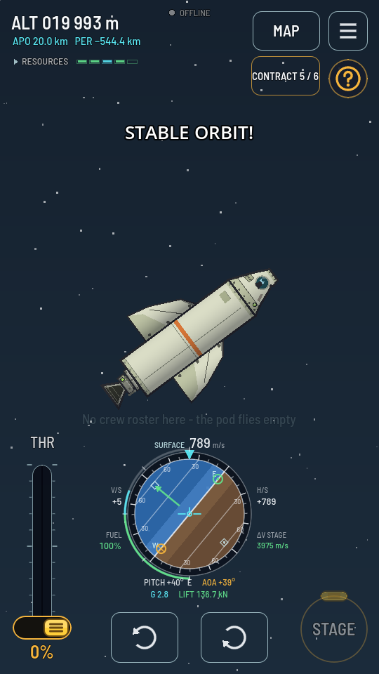 The flight screen with an amber CONTRACT button under MAP in the top right corner, counting the lines met.
