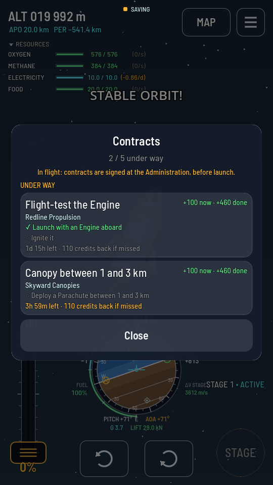 The read-only contracts board over a flight in orbit, two contracts under way, one goal ticked green and the others still open circles.