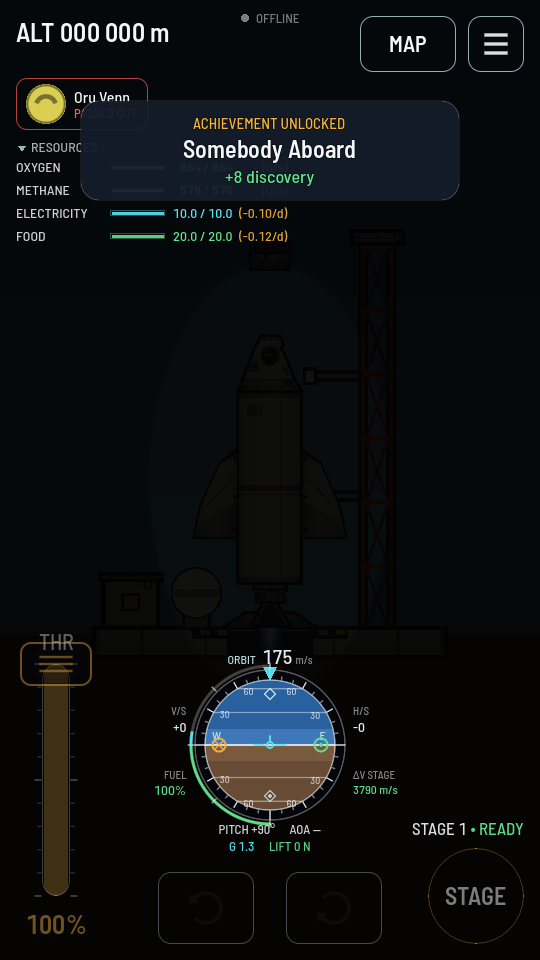The flight screen almost entirely black, the navball and readouts still bright, the crew chip outlined in red reading PASSED OUT, the throttle and turn buttons greyed out.