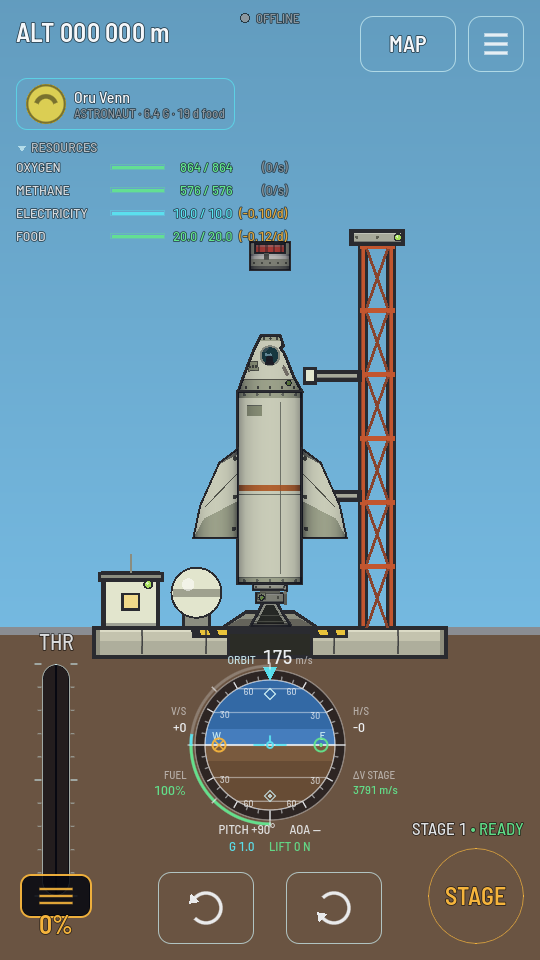 The flight screen on the pad with a crew chip at the top left: a face, the name Oru Venn, and the line ASTRONAUT · 6.4 G · 19 d food.