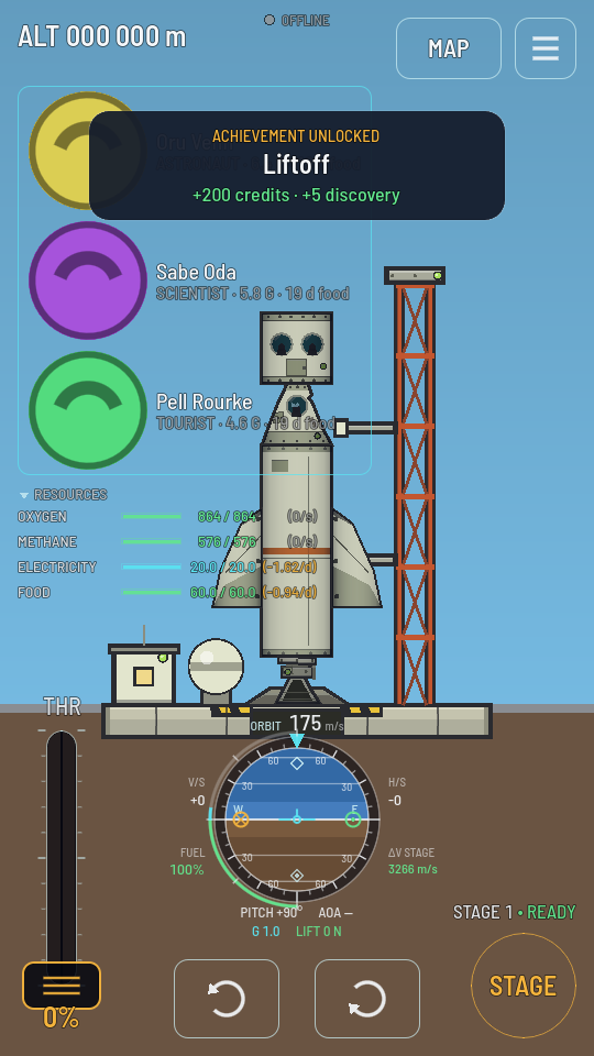 The flight screen on the pad with the crew chip enlarged at the top left: three large round portraits stacked, each beside a name and a state line, and the resource list moved down under them.