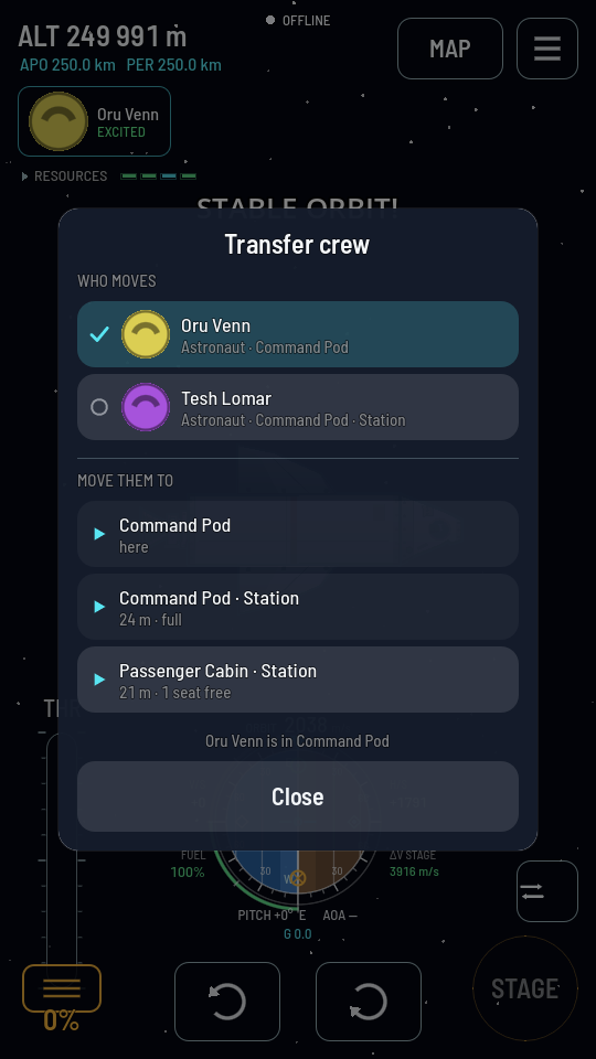 The Transfer crew sheet in orbit: the pilot ticked and the station's astronaut under WHO MOVES, then MOVE THEM TO listing Command Pod - here, Command Pod - Station - 24 m - full, and Passenger Cabin - Station - 21 m - 1 seat free.