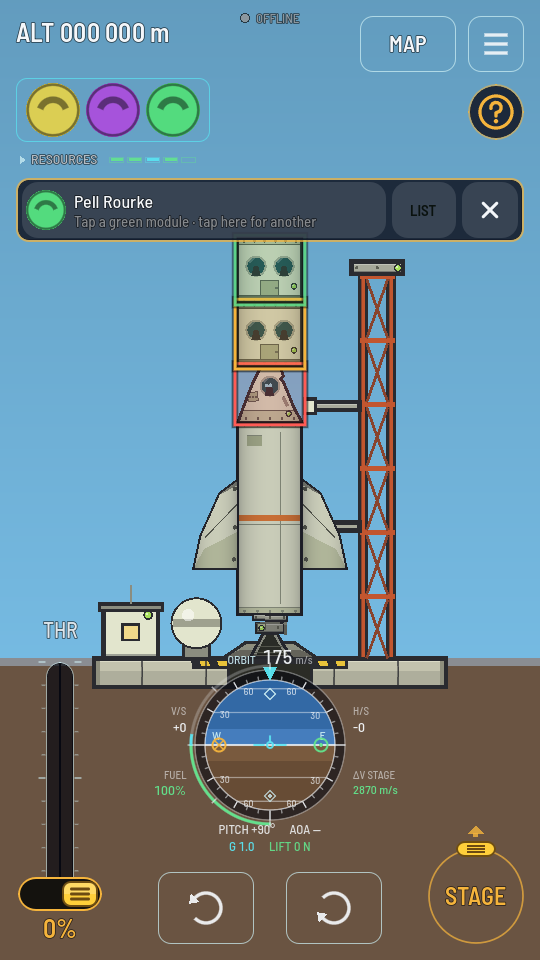 The flight screen with the upper Passenger Cabin ringed green, the middle one yellow and the Command Pod red, under a bar reading Pell Rourke, Tap a green module, with LIST and a close cross.