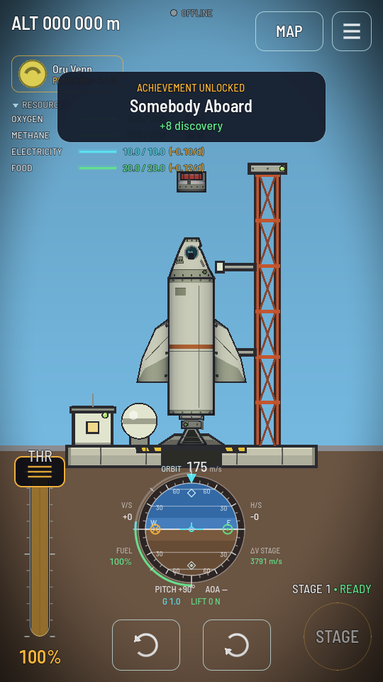 The flight screen under heavy load: the crew chip outlined in amber, the sky visibly darker at both edges of the screen.