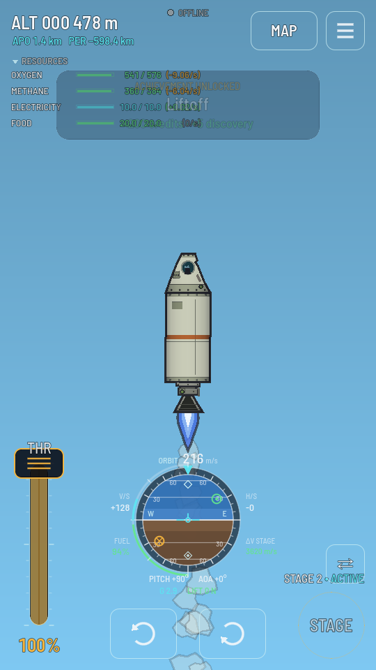 The flight HUD just after staging, the dropped stage already behind the ship and the switch button showing at the right of the STAGE readout.