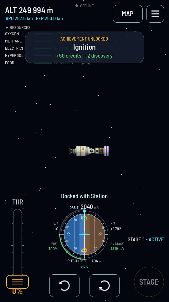 The flight view with the two ships joined into one long vessel, the toast reading Docked with Station, and HYPERGOLIC now listed in the resource readout.