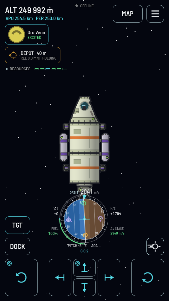 The flight HUD in DOCK mode: the ship standing nose-up in the middle of the screen, a band of six cyan-arrowed keys across the bottom, a turn key in each corner and four sliding keys between them, a target ring on the turn-left and forward keys, TGT and DOCK buttons in the left column, and no throttle, RCS or STAGE on screen.