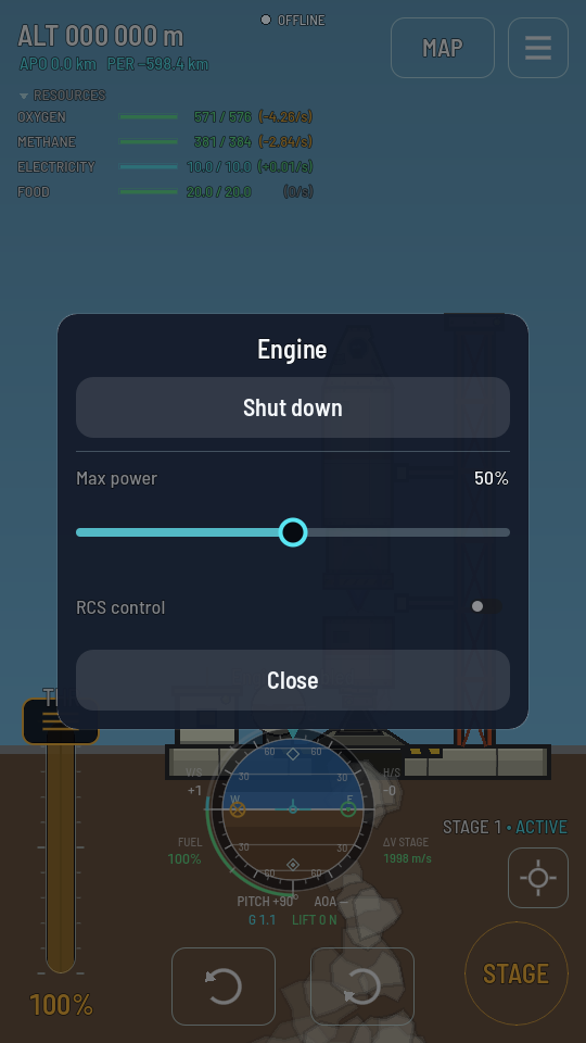 The Engine's part sheet in flight: a Shut down button, a Max power slider at 50%, an RCS control toggle, and Close.