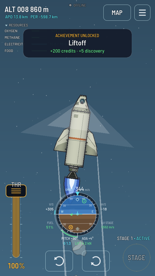The rocket climbing under thrust with a slight angle of attack from the turn buttons, PITCH plus 90 degrees, APO and PER under the altitude readout, STAGE 1 ACTIVE.