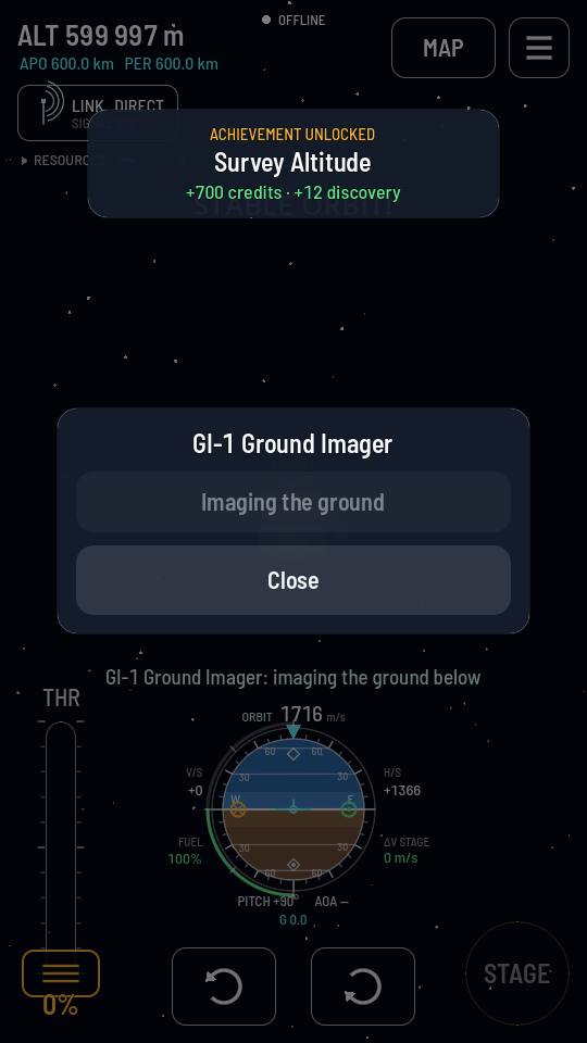 A probe 600 km over Earth with the GI-1 Ground Imager's sheet open, reading Imaging the ground, under a Survey Altitude achievement banner.