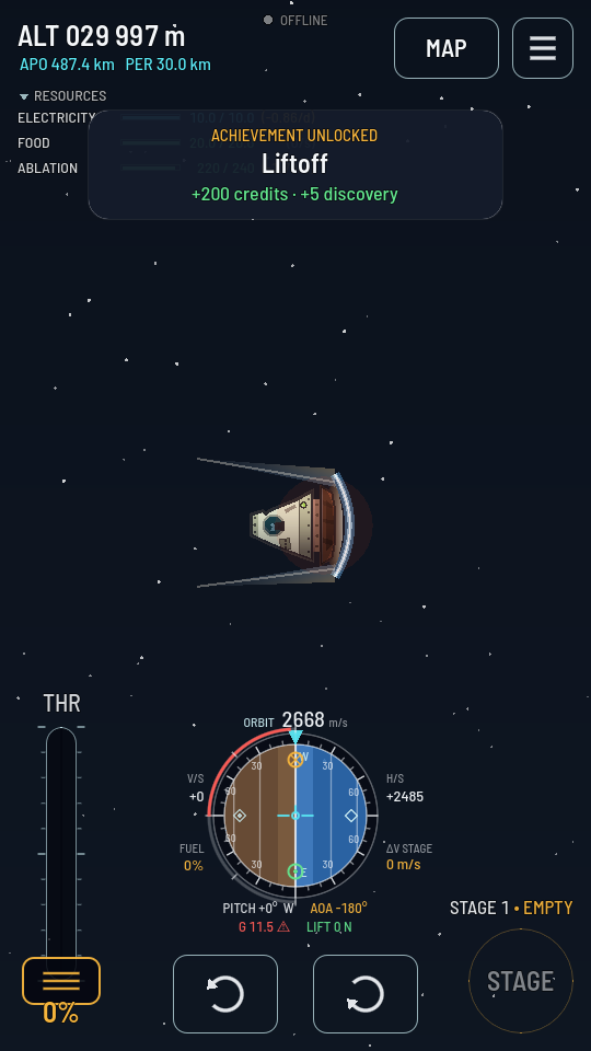 A capsule riding behind a white-hot heat shield during re-entry, an ABLATION resource in the panel above it.