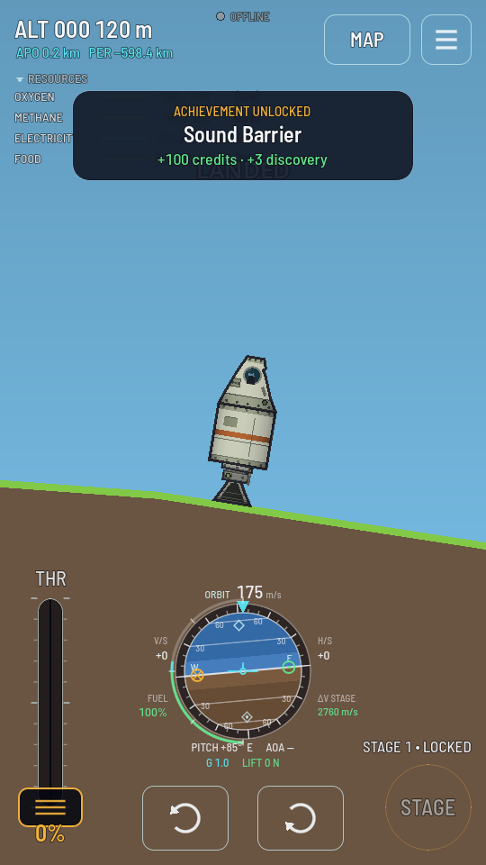 A rocket on landing legs standing upright on a sloped hillside, the horizon tilted under it.