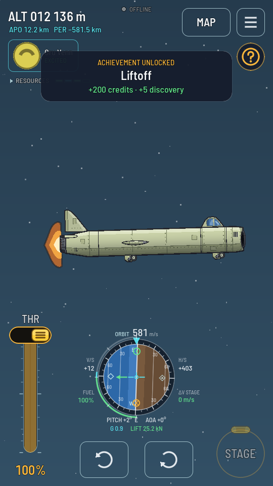 A pale green jet flying level to the right high above the ground, an orange flame behind its nozzle, an open intake at its nose and a thin wing under its middle. The HUD reads 12 128 m and the throttle is at 100 %.