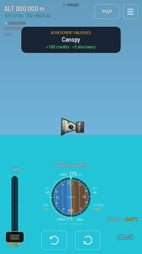 The rocket standing on the ground with the collapsed parachute beside it.