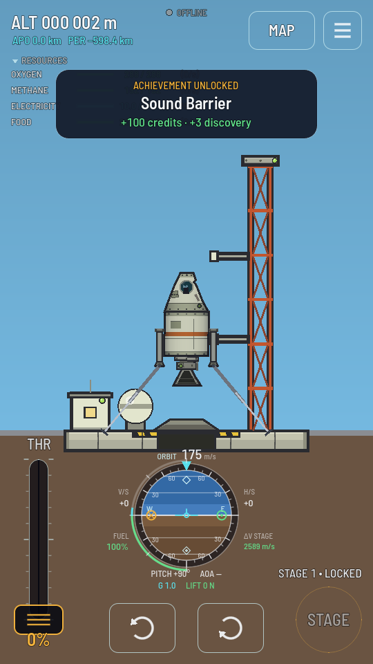 A rocket standing on three deployed landing legs beside its launch pad, upright on flat ground.