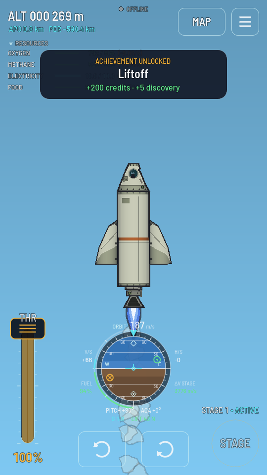 The rocket just off the pad under a bright flame, altitude climbing.