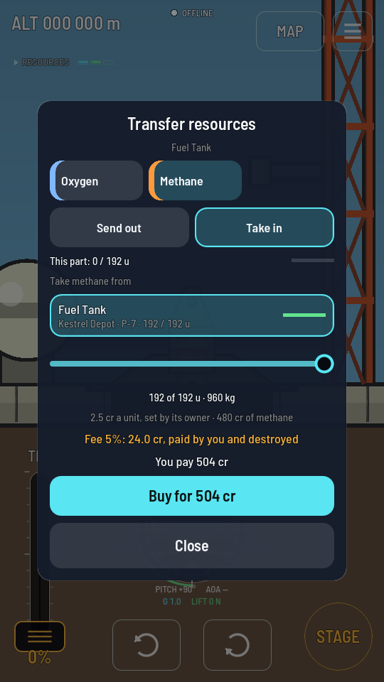 The Transfer resources sheet: Methane, Take in, the Kestrel Depot's fuel tank picked, 192 of 192 u, then 2.5 cr a unit, set by its owner, 480 cr of methane; Fee 5%: 24.0 cr, paid by you and destroyed, in amber; You pay 504 cr; and a Buy for 504 cr button.