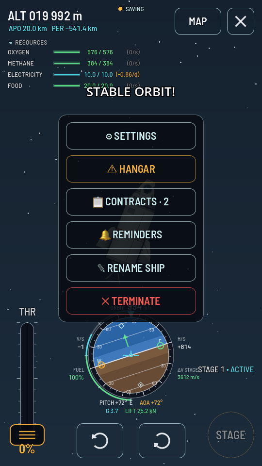 The flight menu open in orbit with SETTINGS, HANGAR, CONTRACTS with a count of two, REMINDERS, RENAME SHIP and TERMINATE.