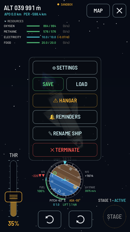 The flight menu open in sandbox: SETTINGS, SAVE, LOAD, an amber HANGAR chip, REMINDERS, RENAME SHIP and TERMINATE, with the full RESOURCES panel and navball behind it.