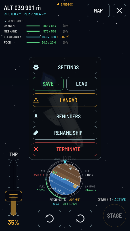 The flight menu open over the flight view: SETTINGS, SAVE and LOAD, HANGAR, REMINDERS, RENAME SHIP and a red TERMINATE.