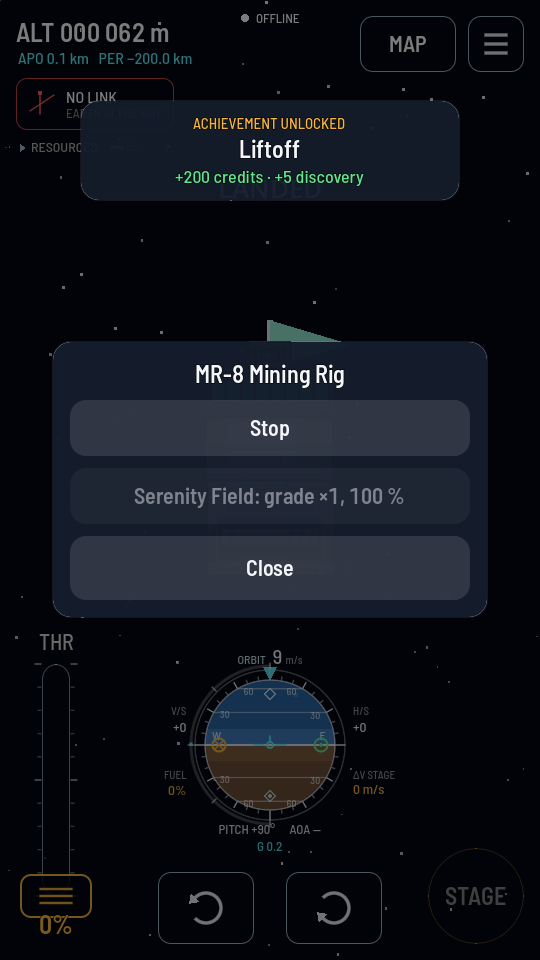 A lander standing on the Moon with the MR-8 Mining Rig's sheet open: a Stop button, and a greyed line reading Serenity Field: grade ×1, 100 %.