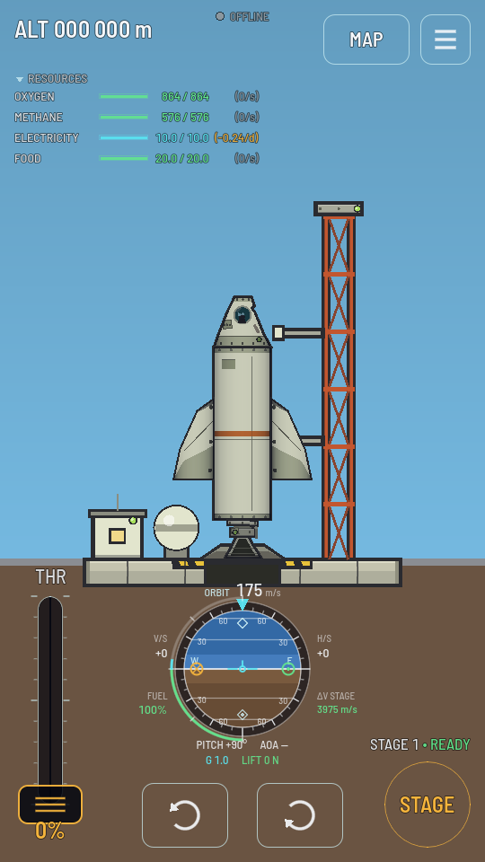 The rocket on the launch pad beside the tower, throttle at zero, STAGE 1 READY.