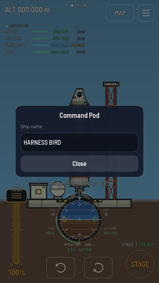 A part sheet open over the flight HUD, showing the Command Pod's name field and a Close button.