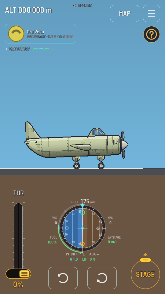 An aeroplane standing level on its two wheels at the start of the grey runway strip, nose to the right, with the throttle at 0 % and the STAGE button lit.