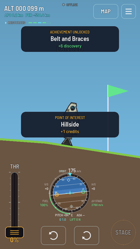 A rocket standing on a hillside beside a thin mast with a green pennant, under a POINT OF INTEREST banner.