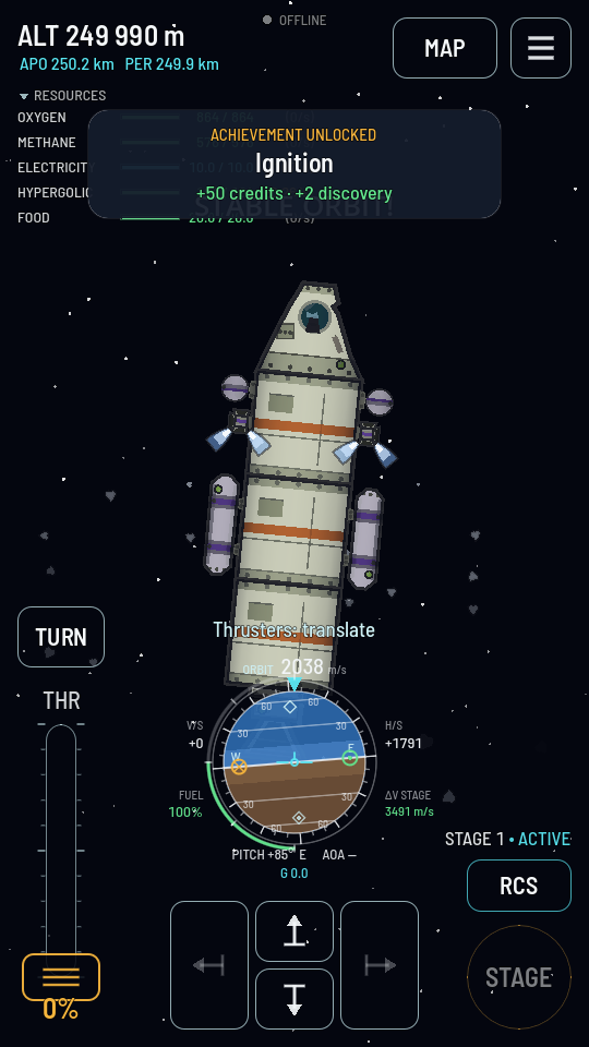 The flight HUD with the RCS button lit cyan and the mode switch reading TURN, four extra buttons below the navball for sliding the ship forward, back, left and right.
