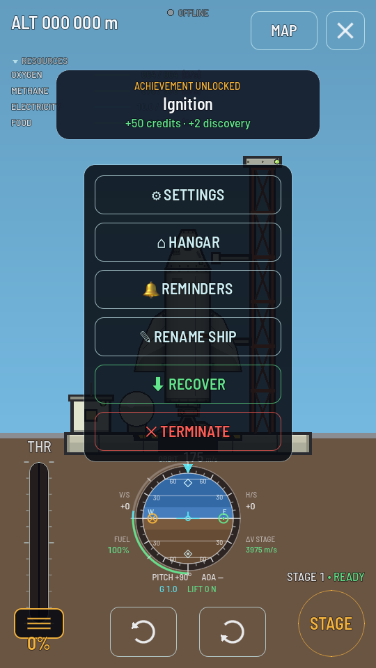 The flight menu open with RECOVER highlighted in green.