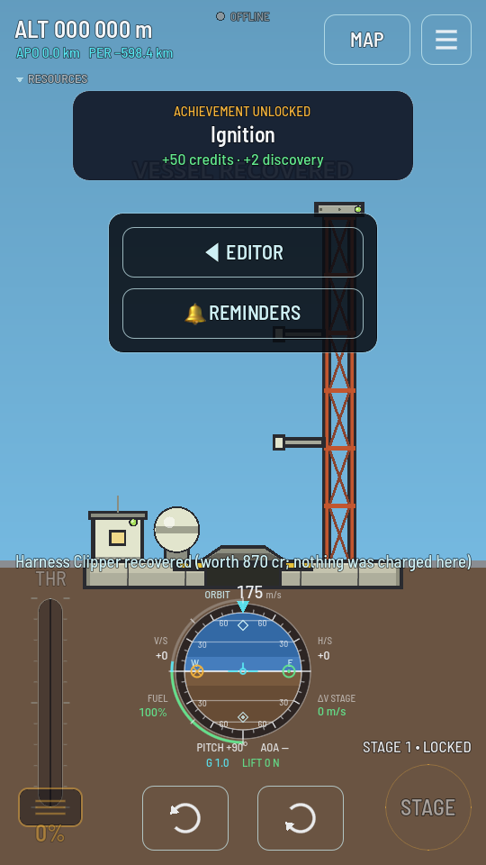 The flight screen after recovery, banner reading VESSEL RECOVERED, a toast naming the ship and what it was worth, and the menu offering EDITOR and REMINDERS only.