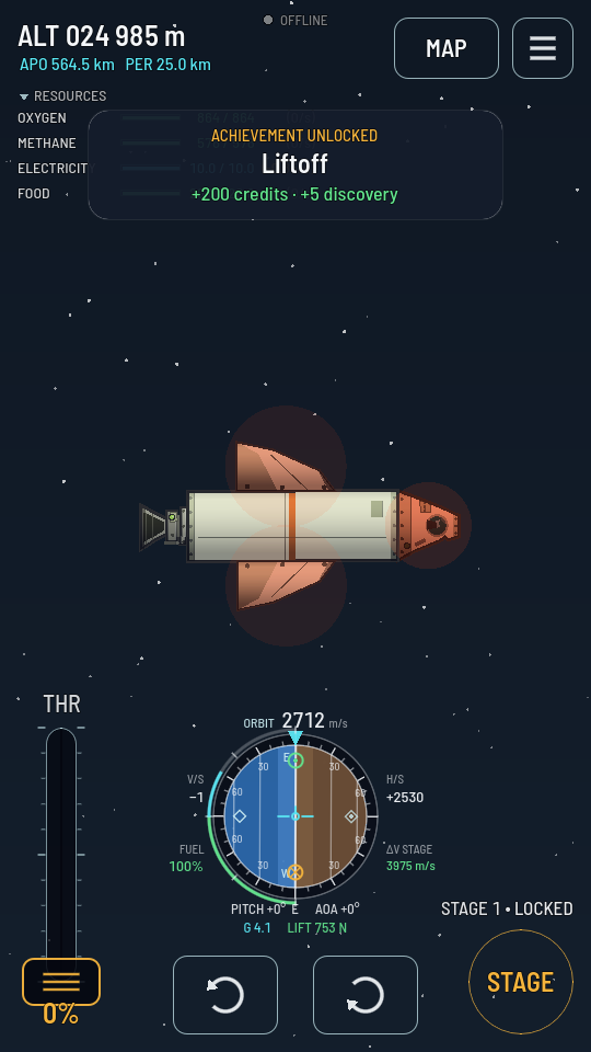 A capsule-topped rocket glowing orange at both ends against a starfield, descending fast, the navball reading ORBIT speed and STAGE 1 LOCKED with the throttle at zero.