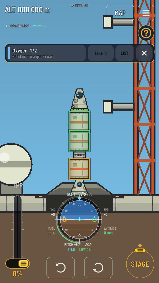 The flight screen with the Tanker's fuel tank ringed yellow and the Station's two fuel tanks above it ringed green, under a bar reading Oxygen 1/2, Send out to a green part, with Take in, LIST and a close cross.
